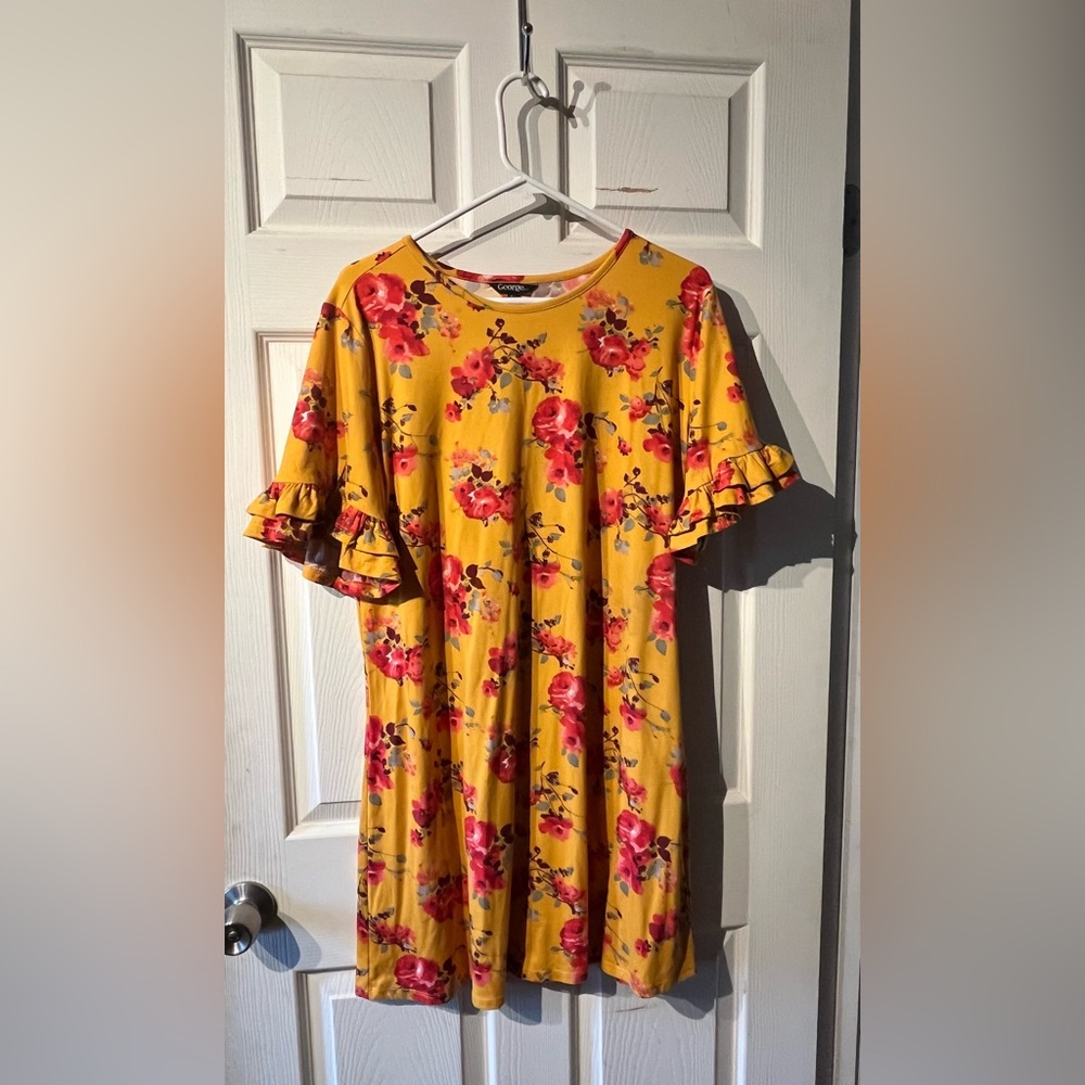 George Yellow Dress with Red Floral Accents
